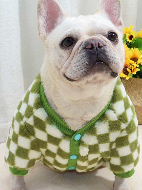 GMTPET Green and white checkerboard fat dog bulldog pug dog French fighting winter clothes plus velvet thick cardigan plush sweater 107-222039 www.gmtpet.cn